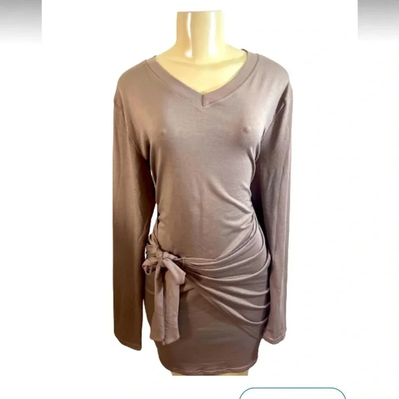 Dresses & Skirts - Tan Faux Wrap Dress Mini Long sleeve v neck size xl